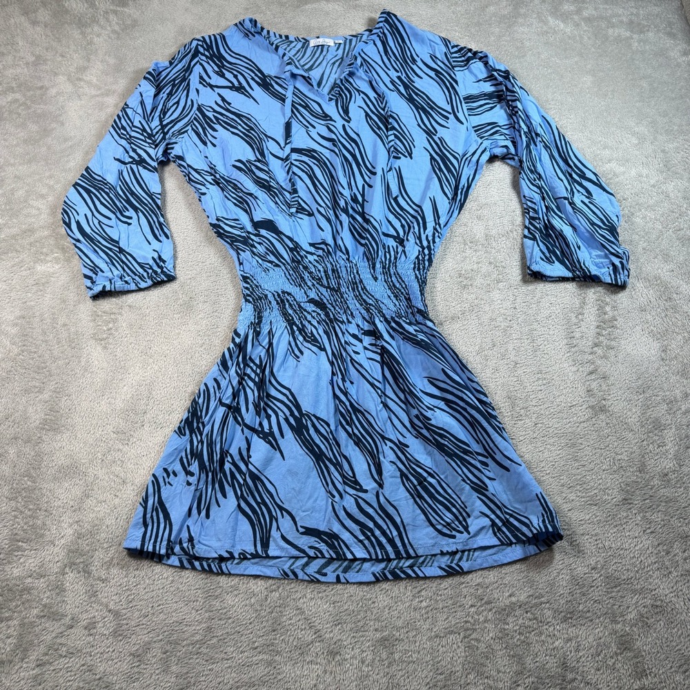 Ava Sky Fighting Eel Mini Dress Womens Large Blue Zebra Print Smocked